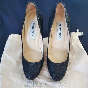 Jimmy Choo 247 Cosmic Black Glitter Platform Pumps Size 7 EU 37
